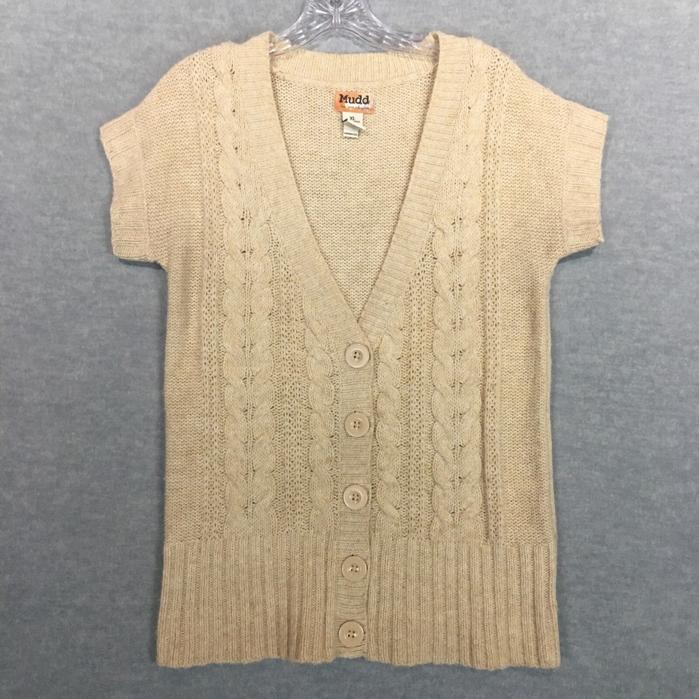 Mudd Jr XL Dolman Short Sleeve Cardigan Tan V-Neck Sweater Cable Knit Buttons